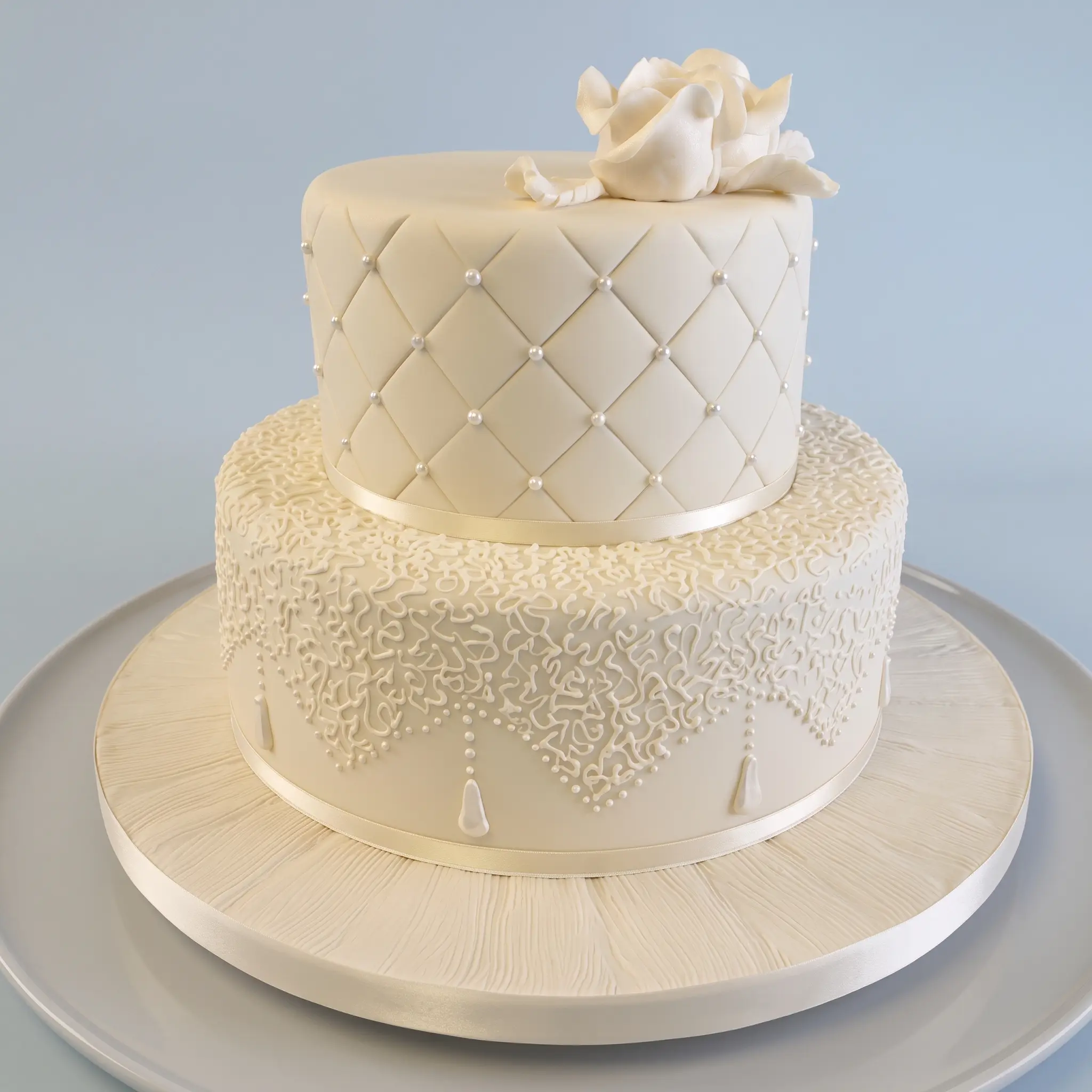 Elegant two-tier white wedding cake with pearl details and delicate sugar flower decoration